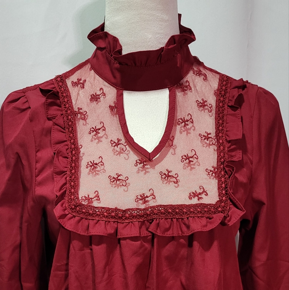 StyleDome Women's NWT Red Lacc High Neck Long Sleeve Ruffle Blouse Size Small 🐈 - Picture 4 of 11